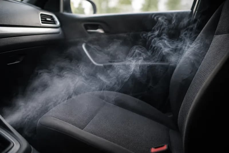 Fumée s'échappant des sièges d'un habitacle, symbole des mauvaises odeurs de voiture