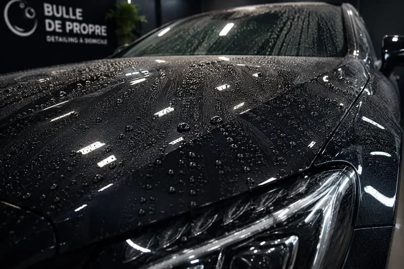 Carrosserie noire avec effet hydrophobe et gouttes d'eau perlées après protection